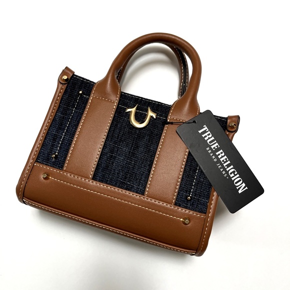 NWT Original TRUE RELIGION Dark Denim Horseshoe Mini Tote Crossbody Bag Studded - Picture 3 of 11